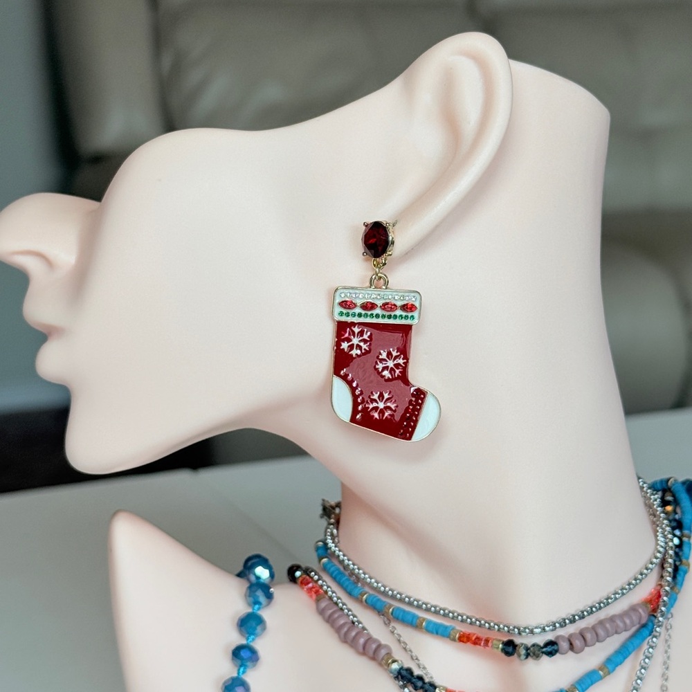 Festive Red Christmas Stocking Drop Earrings
